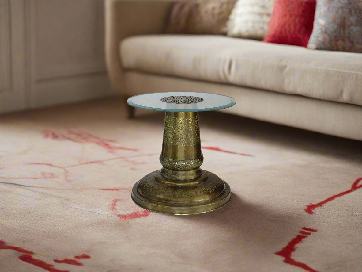 Unique Vintage Brass Chinese Inverted Vase Glass Accent Table