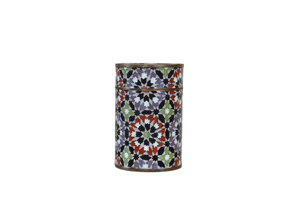 Decorative Cylindrical Metal Container with a Colorful Geometric Pattern