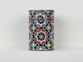 Decorative Cylindrical Metal Container with a Colorful Geometric Pattern