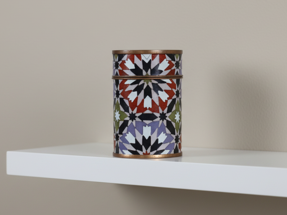Decorative Cylindrical Tin with Geometric Pattern
