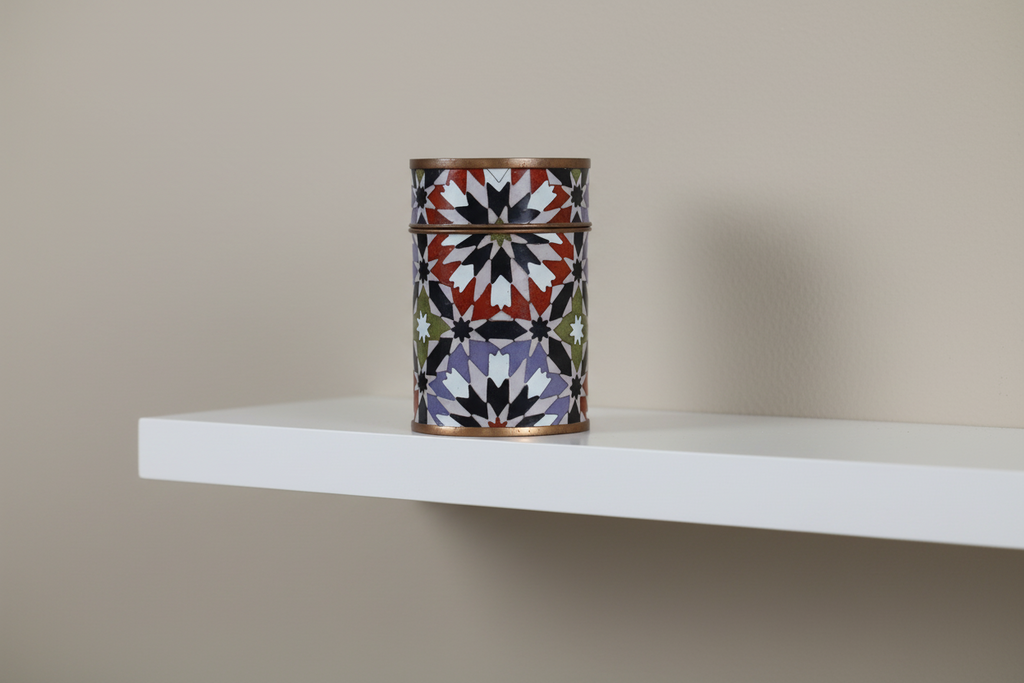 Decorative Cylindrical Tin with Geometric Pattern