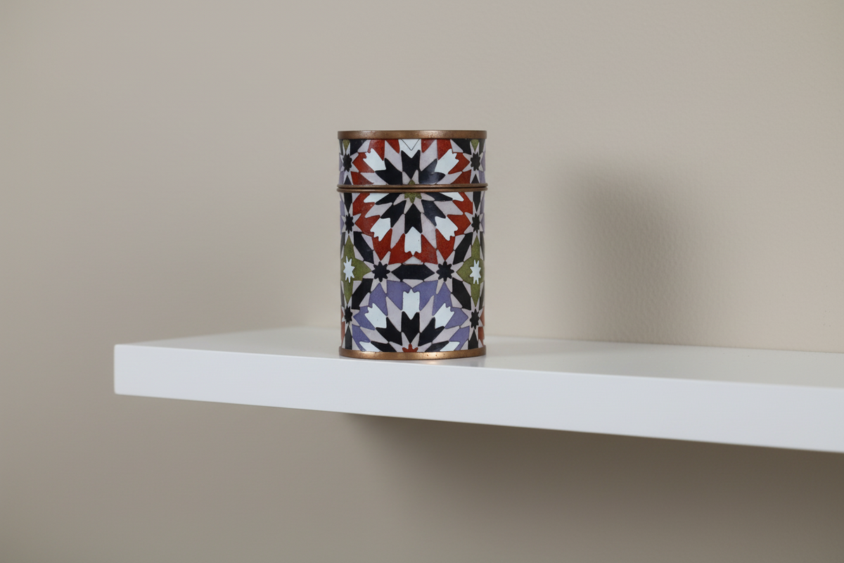 Decorative Cylindrical Tin with Geometric Pattern