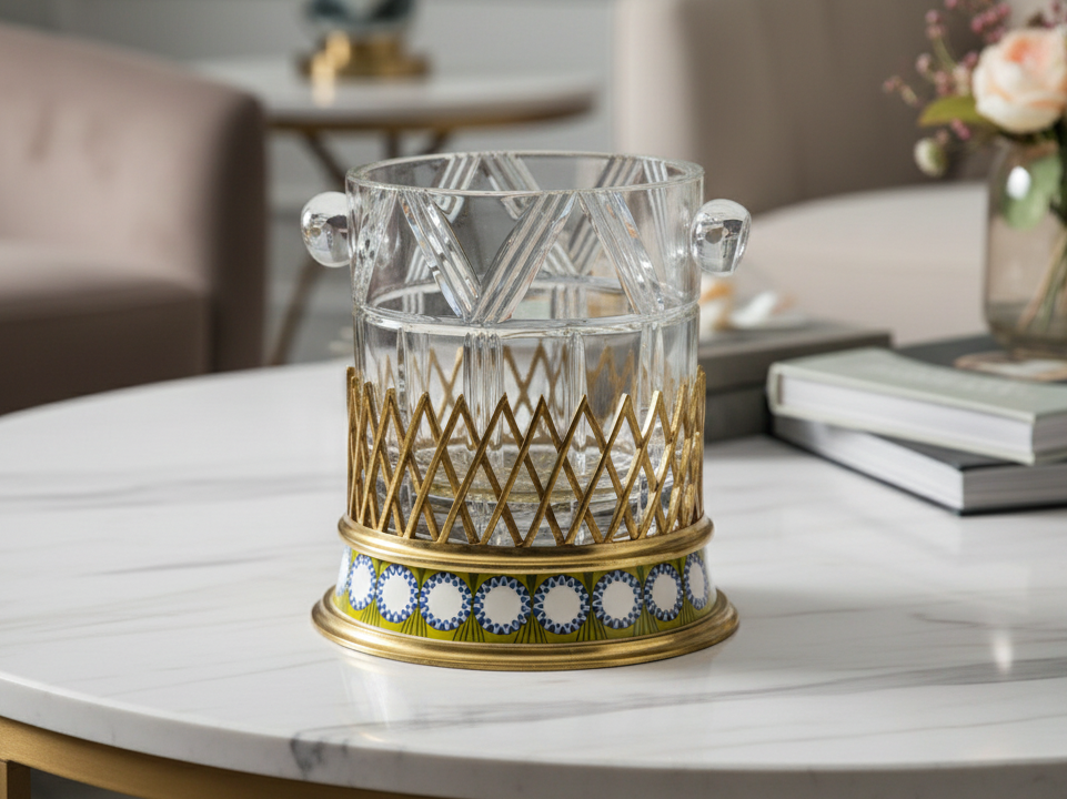 Decorative Glass Ice Bucket with Gold and Blue Base