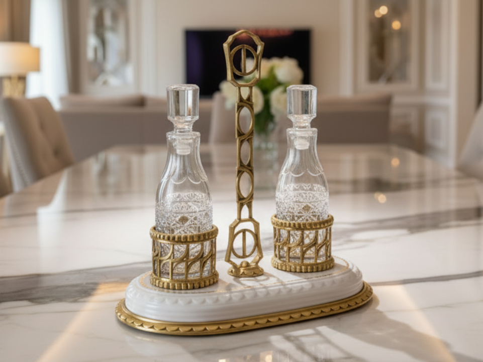 Decorative Crystal and Brass Cruet Set with Gold Accents