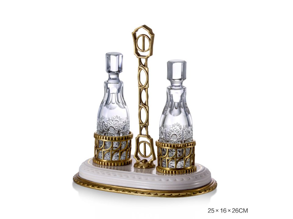 Decorative Crystal and Brass Cruet Set with Gold Accents