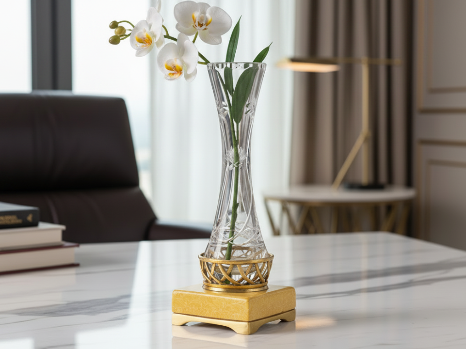 Clear Glass Vase with Golden Metal & Marble Base