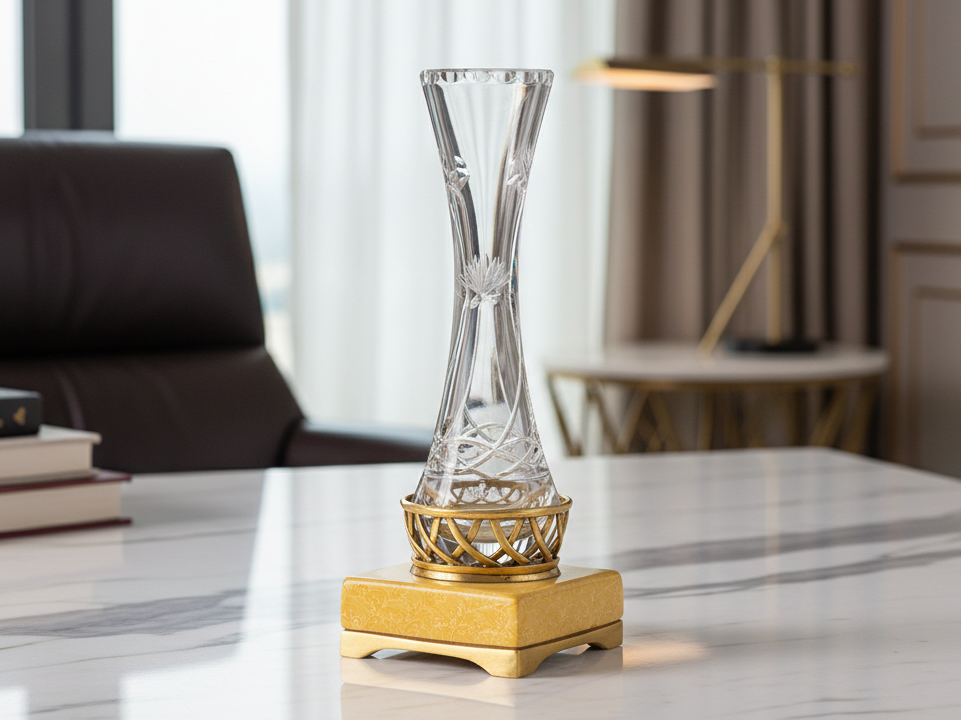 Clear Glass Vase with Golden Metal & Marble Base