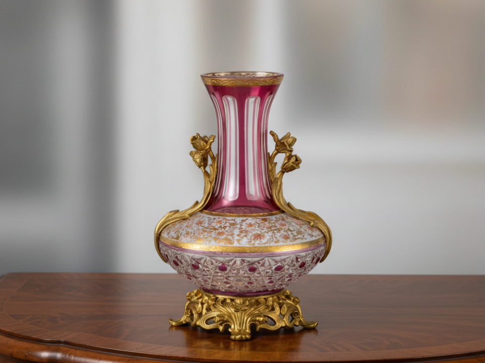 Decorative Vase with Gold Accents and Pink Glass