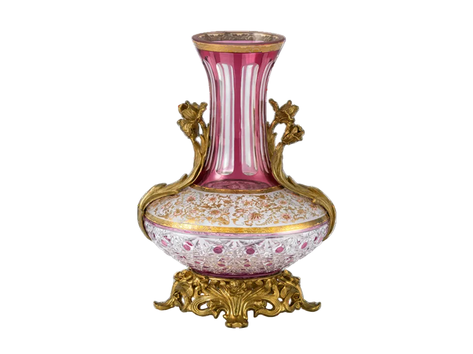Decorative Vase with Gold Accents and Pink Glass