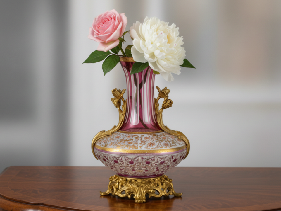 Decorative Vase with Gold Accents and Pink Glass