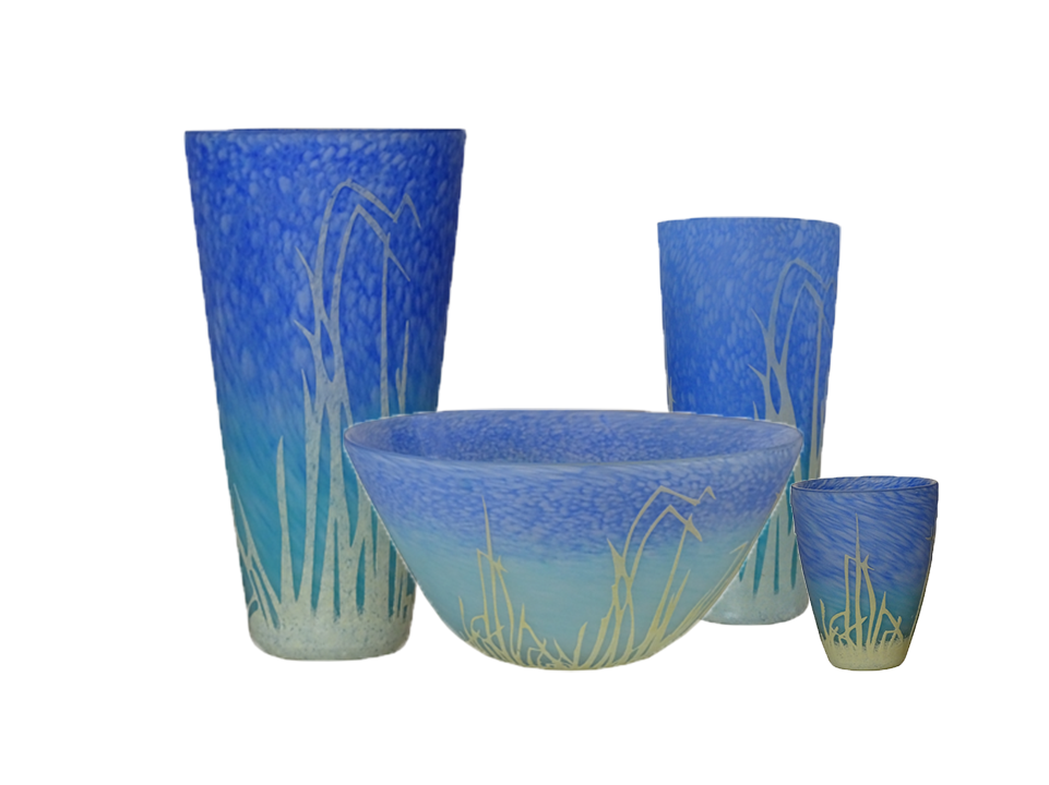 Set of Blue Glassware with Grass-Like Patterns
