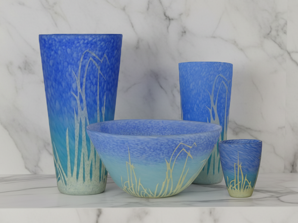 Set of Blue Glassware with Grass-Like Patterns