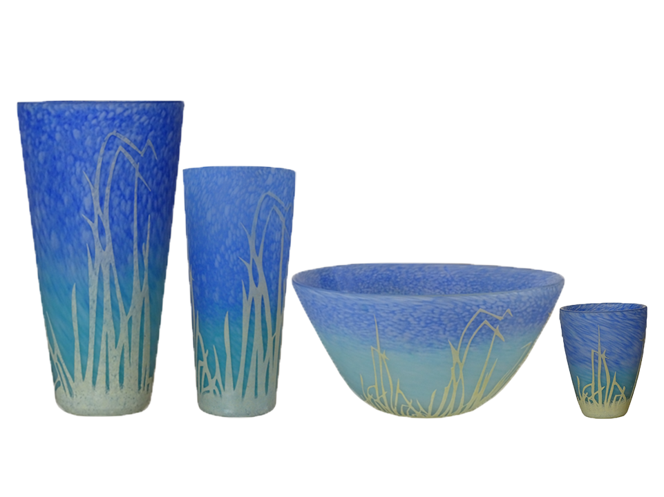Set of Blue Glassware with Grass-Like Patterns