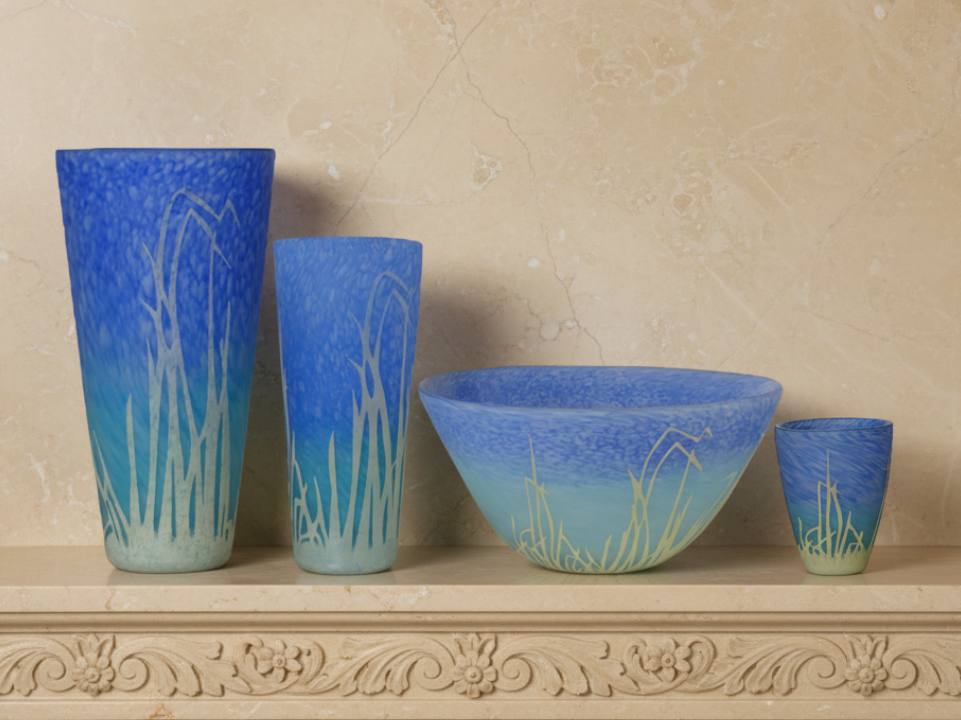 Set of Blue Glassware with Grass-Like Patterns