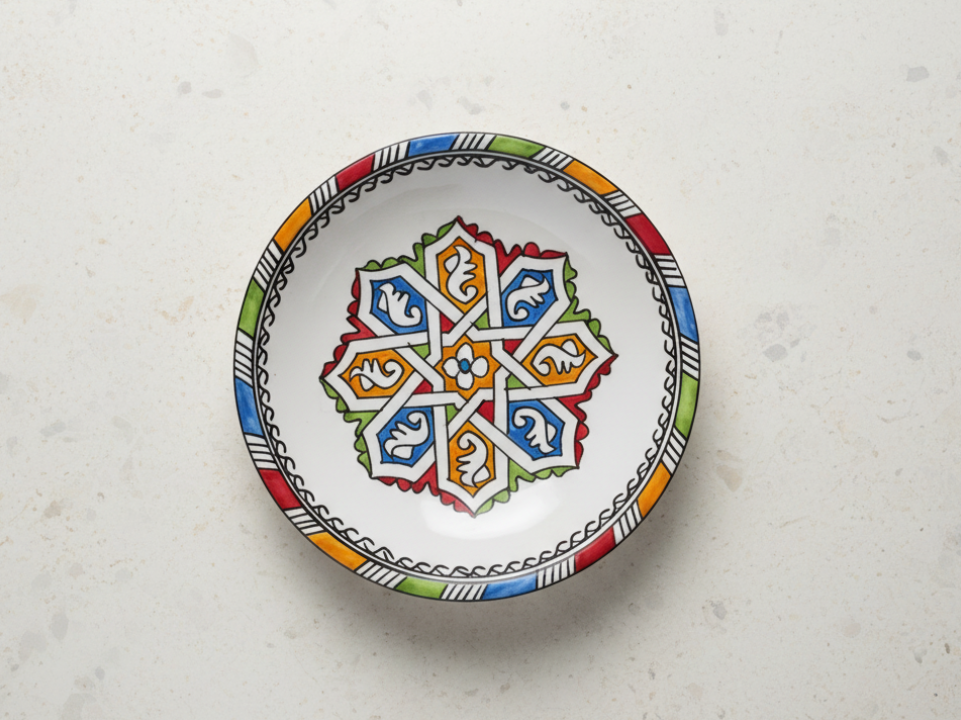 Round Handmade Ceramic Plate with a Colorful Geometric Design