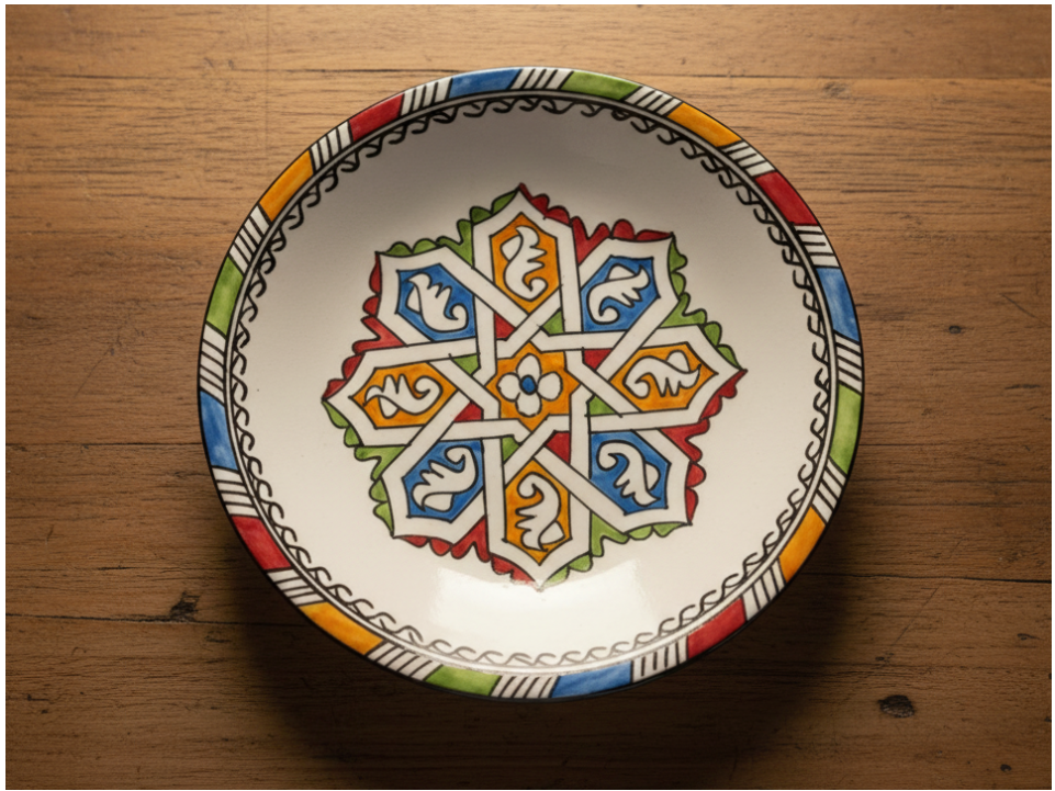 Round Handmade Ceramic Plate with a Colorful Geometric Design