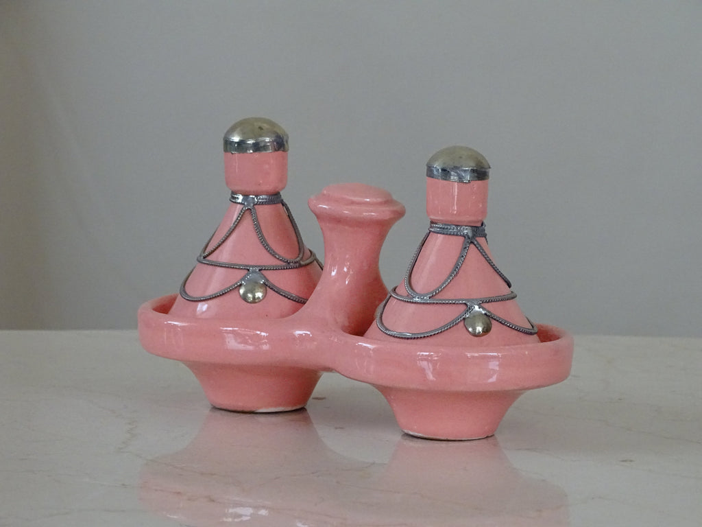 Hand Crafted Moroccan Pink Painted Small Tagine Double Spice Holder