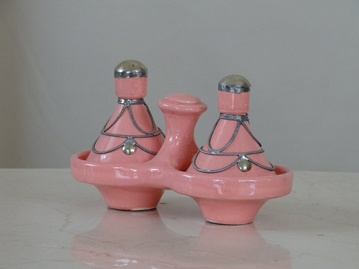 Hand Crafted Moroccan Pink Painted Small Tagine Double Spice Holder