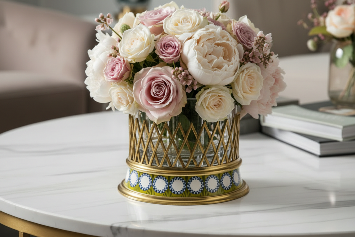 Decorative Glass Ice Bucket with Gold and Blue Base