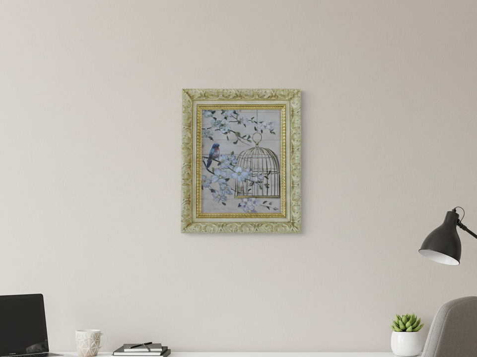 Birdcage and Floral Design in a Gold Wooden Frame