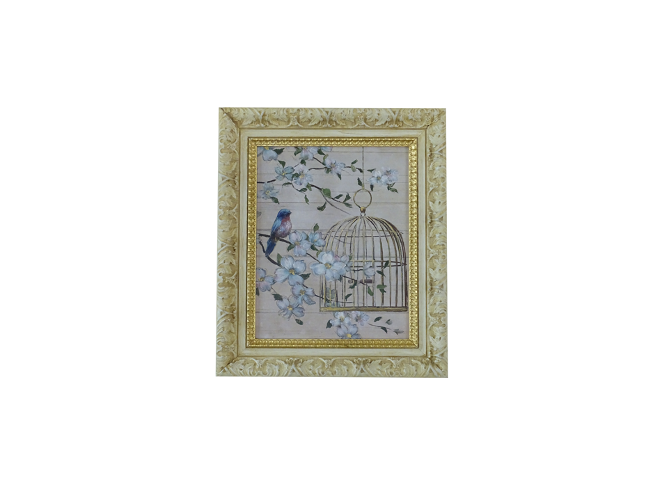 Birdcage and Floral Design in a Gold Wooden Frame