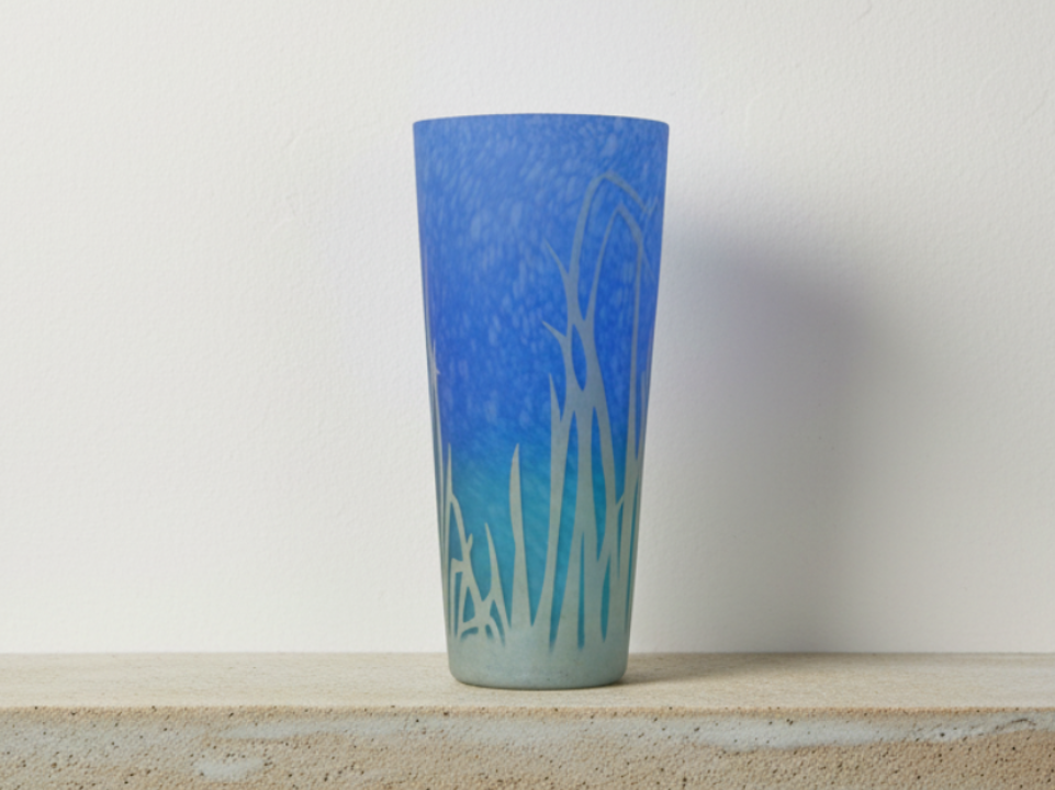 Blue Glass Vase with Grass-Like Design