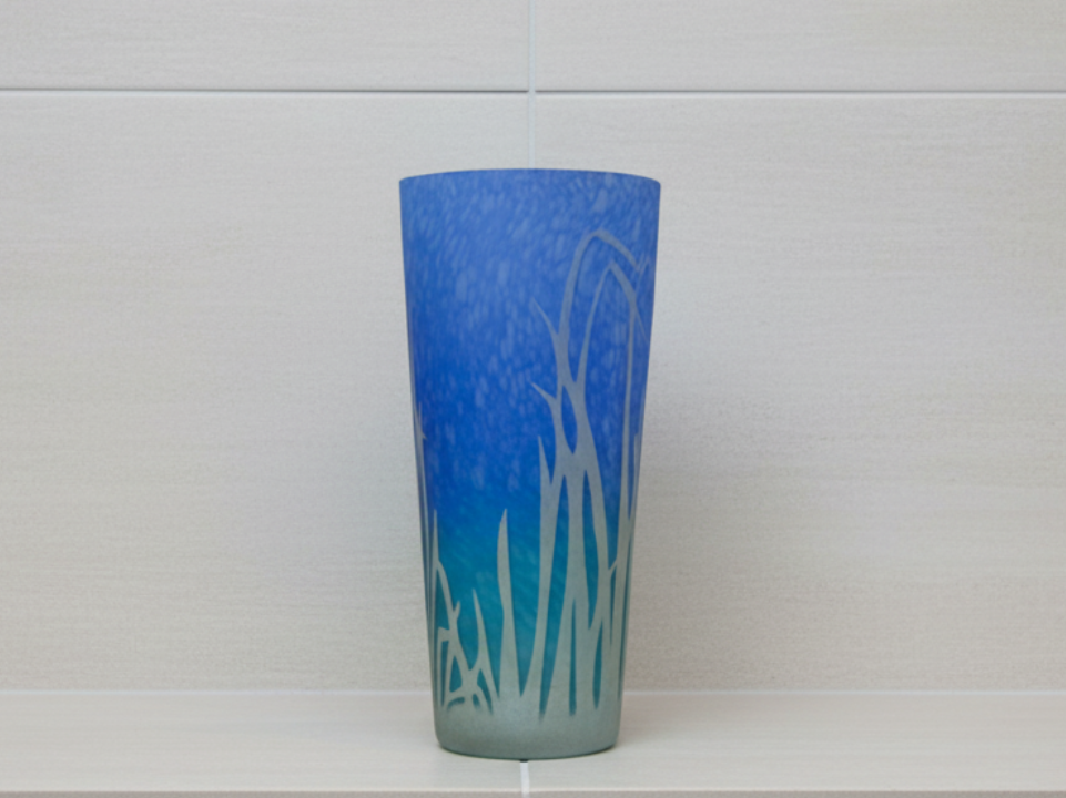 Blue Glass Vase with Grass-Like Design