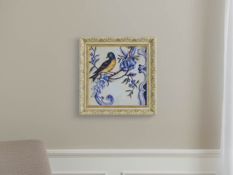 Framed Artwork with a Bird and Floral Design