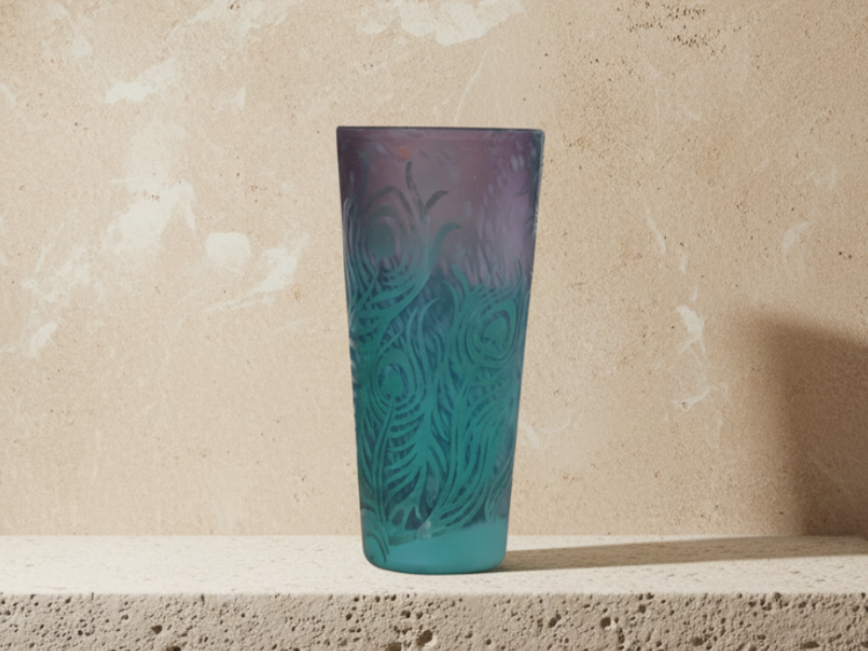 Glass Vase with Teal and Purple Design