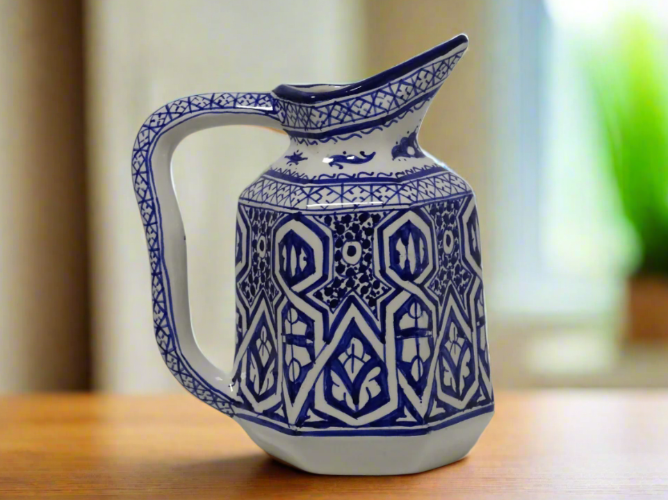 Handmade Moroccan Blue and White Painted Ceramic Jug
