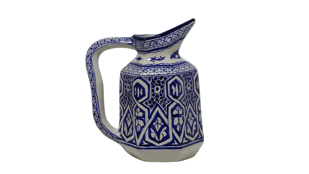 Handmade Moroccan Blue and White Painted Ceramic Jug