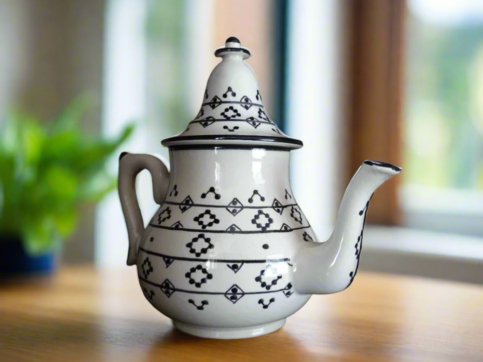 Handmade Moroccan Teapot - Black & White Ceramic - For Serving & Decor
