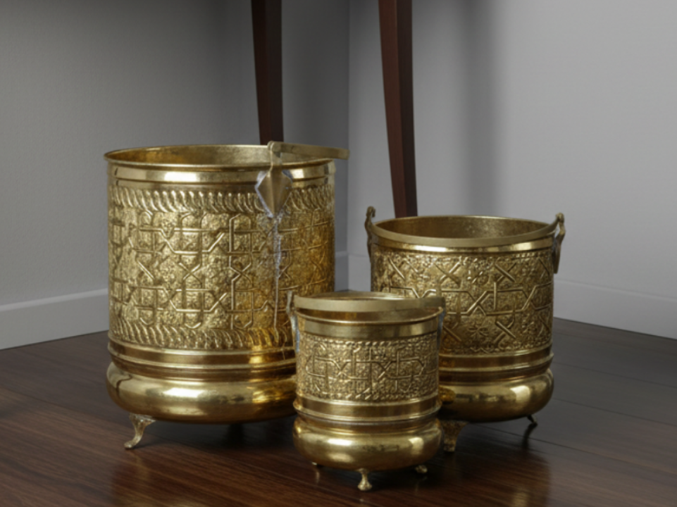 Three Ornate Brass Buckets with Intricate Design
