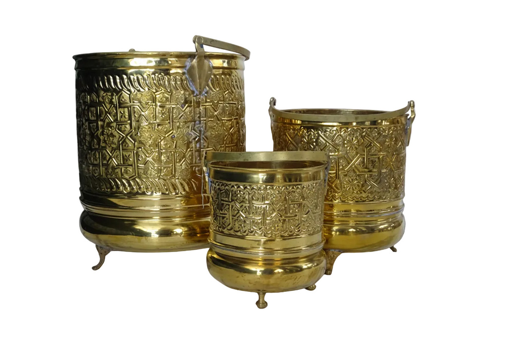Three Ornate Brass Buckets with Intricate Design