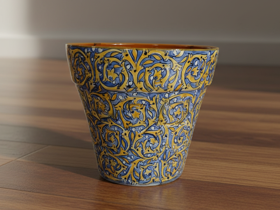 Decorative Ceramic Pot with Blue and Yellow Patterns